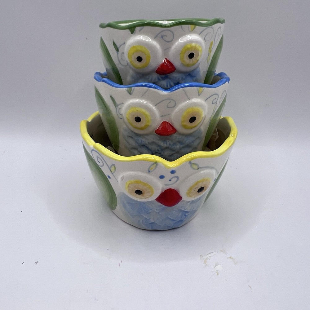 Pier 1 Imports Hand Painted Nesting Owl Measuring Cups ~ Set Of 3 1/4 1/3 1/2